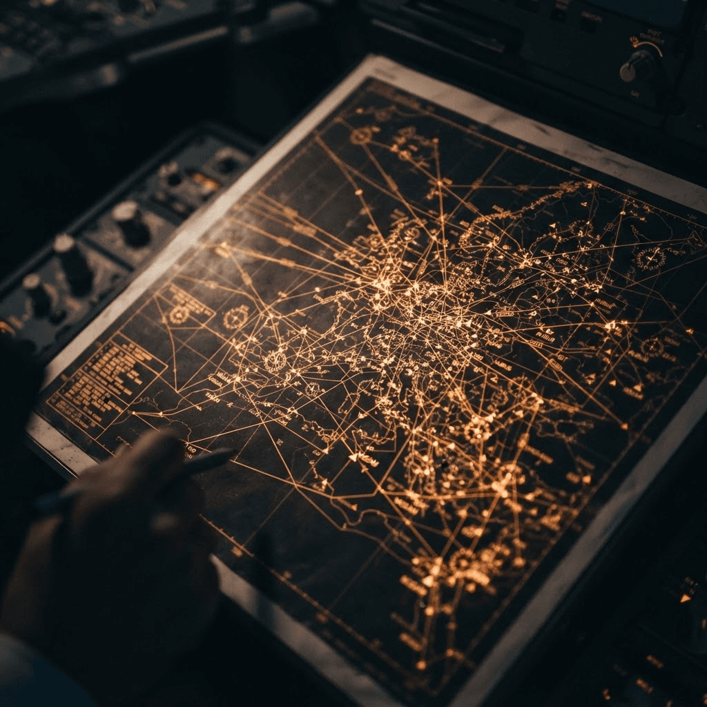 Aeronautical navigation chart showing global airways and waypoints